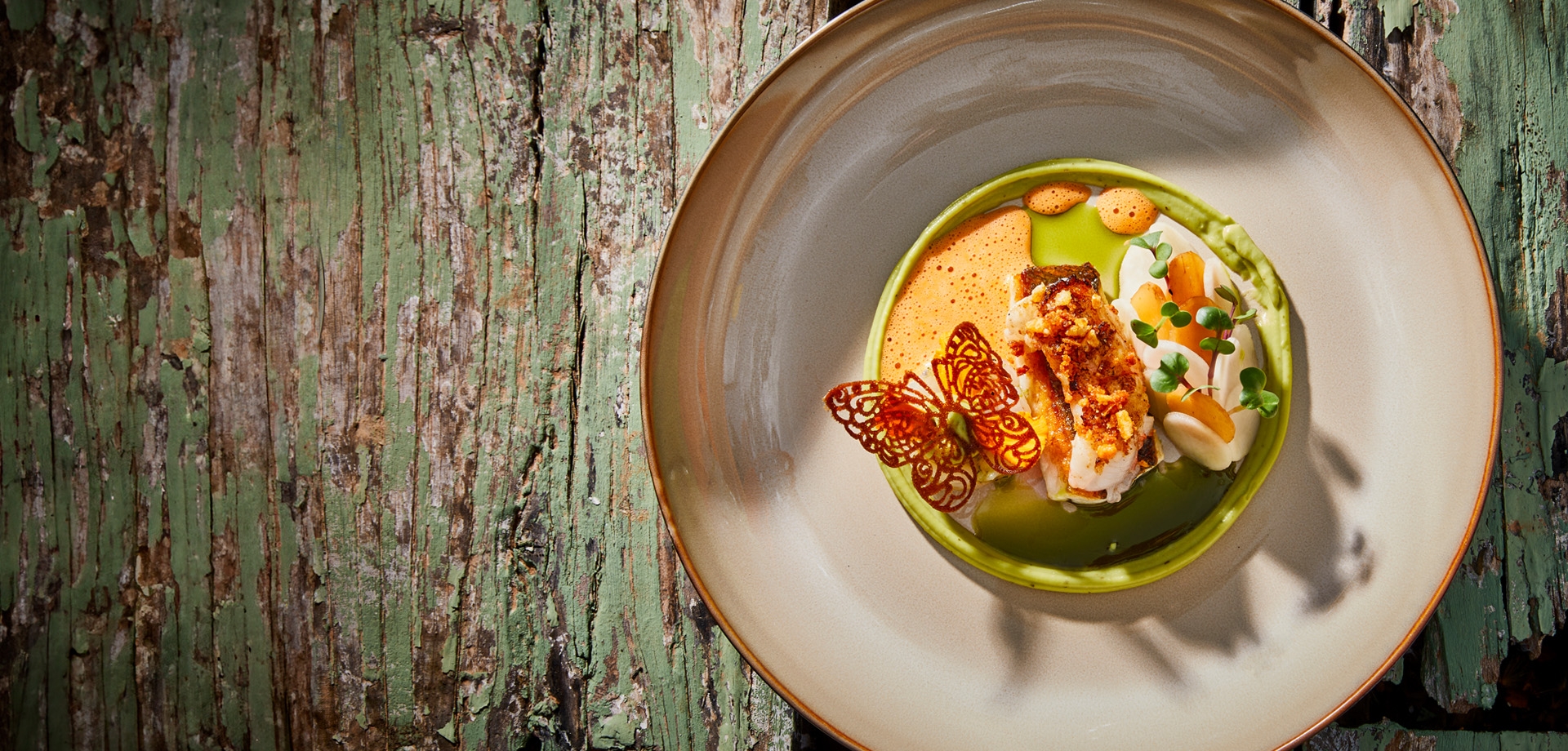 Header herbal puree with sea bass, langoustine and rösticrumble