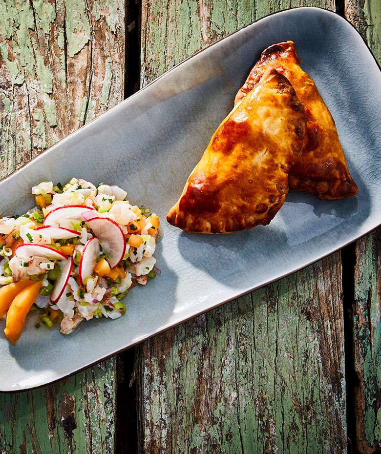 Mobile header Potato empanada with gratin and spicy shrimp ceviche